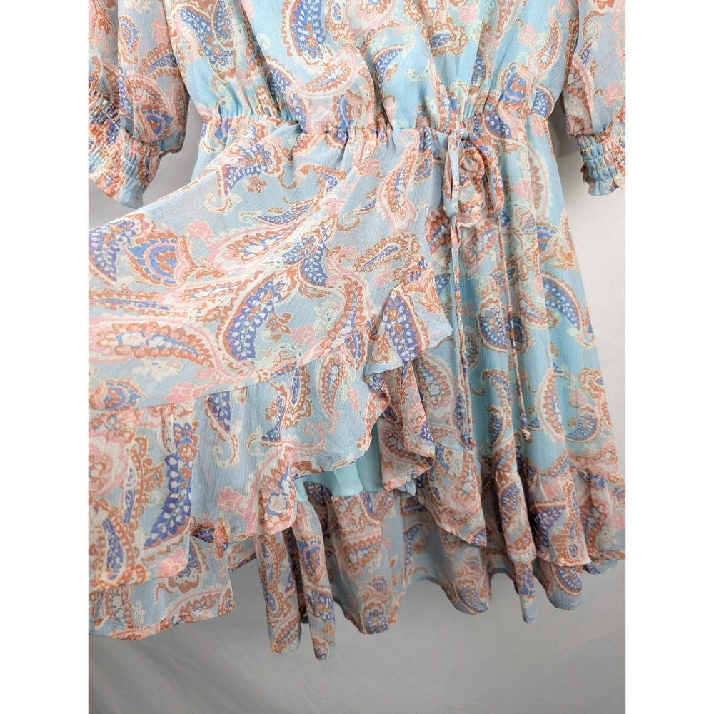 Floral Fairy Smocked Mini Wrap Dress Size‎ S Blue Paisley Ruffle Dainty Coquette - Picture 4 of 9